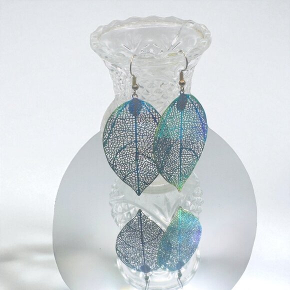 Iridescent Leaf Skeleton Dangle Earrings With Fishhook Closure -Lightweight Boho - Picture 2 of 7